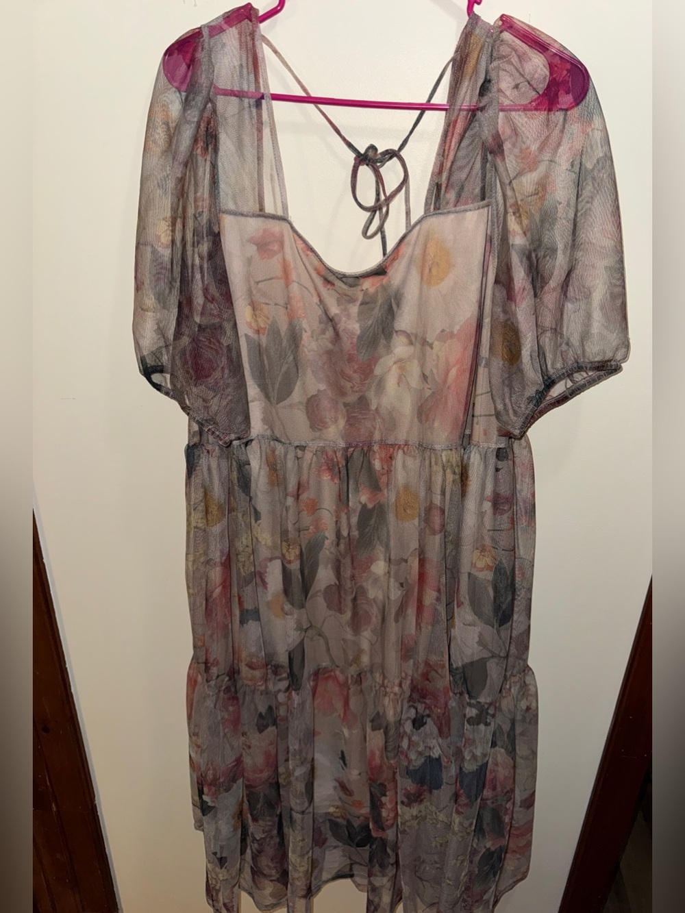 H&M Floral Tiered Puff Sleeve Midi Dress in Blush Multi